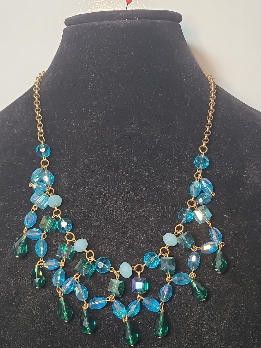 Gold-Tone Bib Necklace with Teal & Aqua Crystal Drops